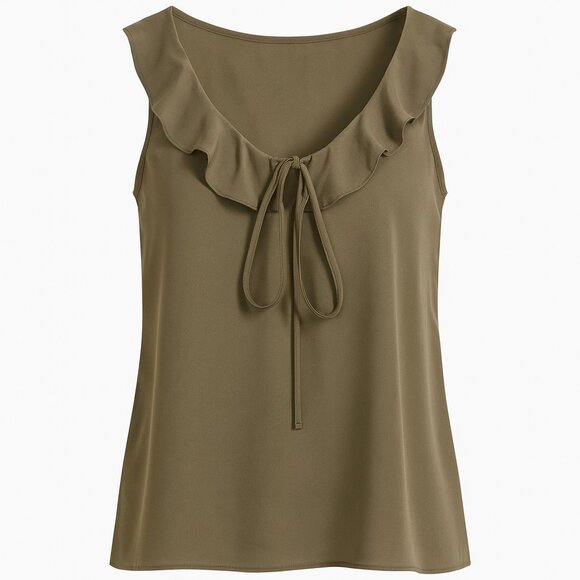 Carmen Olive Green Ruffle Tie Neck Sleeveless Blouse Top Medium - Picture 1 of 7